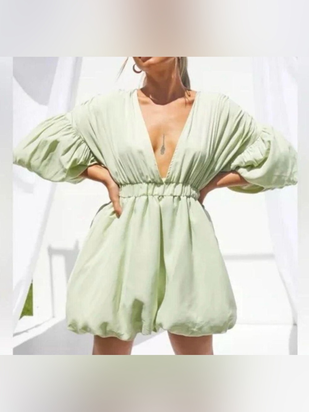 PrettyLittleThing Pistachio Plunge Puff Sleeve Puffball Hem Shift Dress